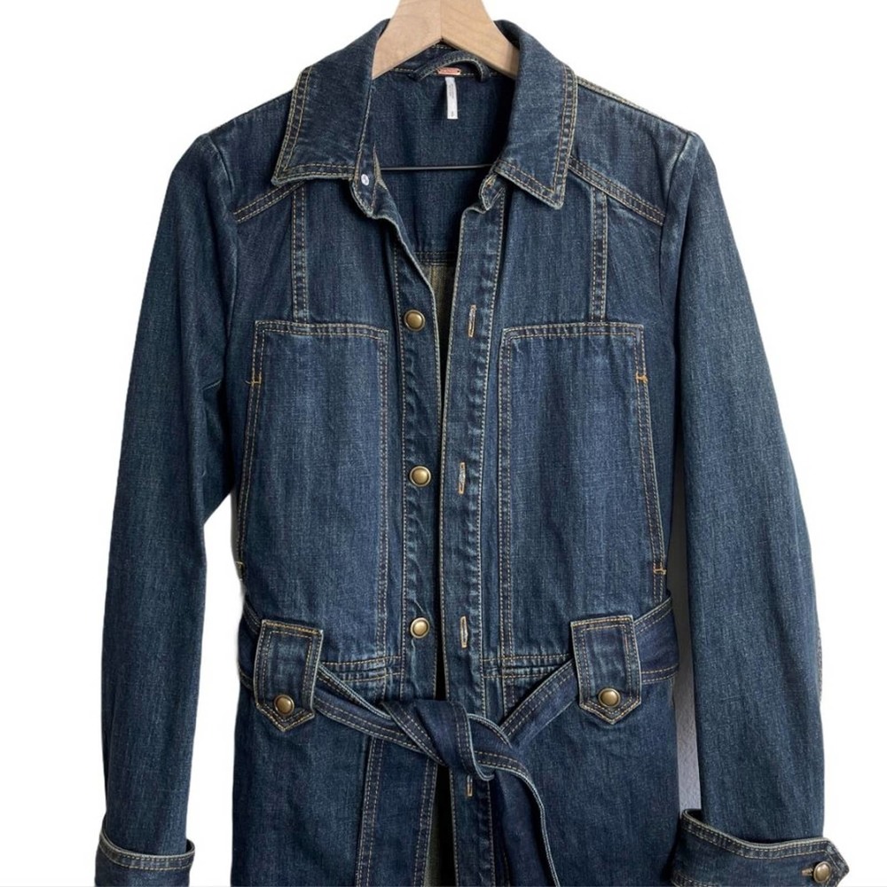FREE PEOPLE NWT Belted Dark Blue Denim Jacket Coat — Small - Picture 6 of 16